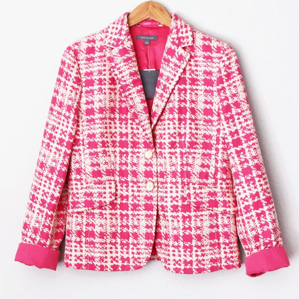 Ann Taylor Pink Ivory Plaid Cotton Tweed 2 Button Blazer Jacket 8